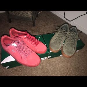 Red and olive green pumas.